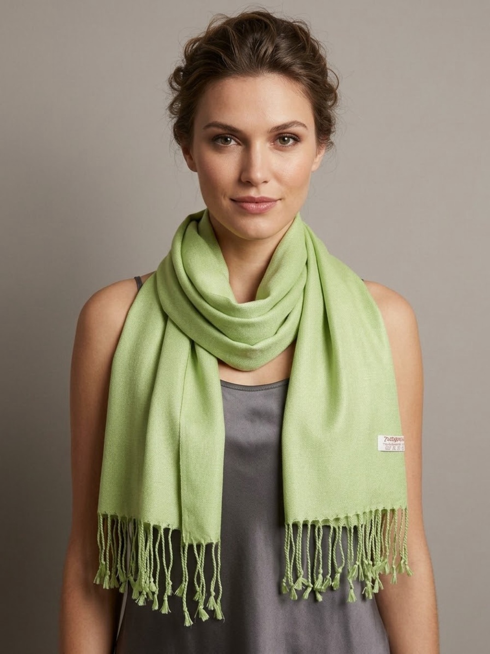 Light Apple Green Pashmina Shawl Scarf 70% Cashmere 30% Silk Fringe